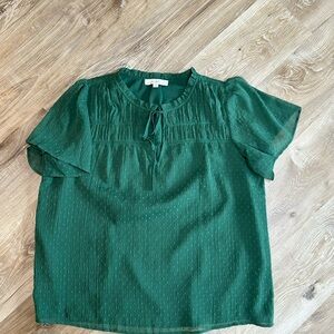 LOFT Emerald Green Short Sleeve Pintuck Tie-Neck Blouse